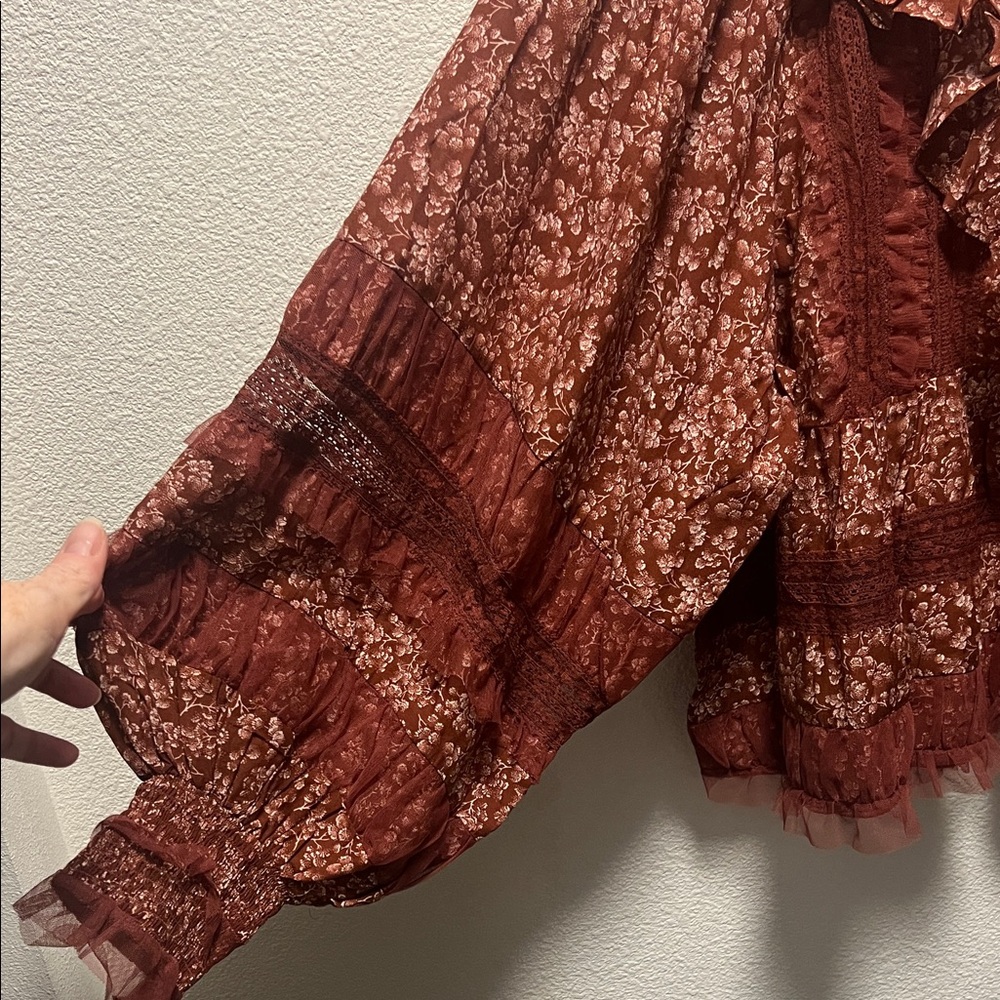 Anthropology Floral Ruffle Women's Top - Reddish Maroon - Picture 4 of 5